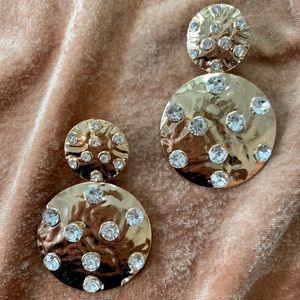 LUNA Round Hammered Metal Dangling Earrings with Clear Stone Details